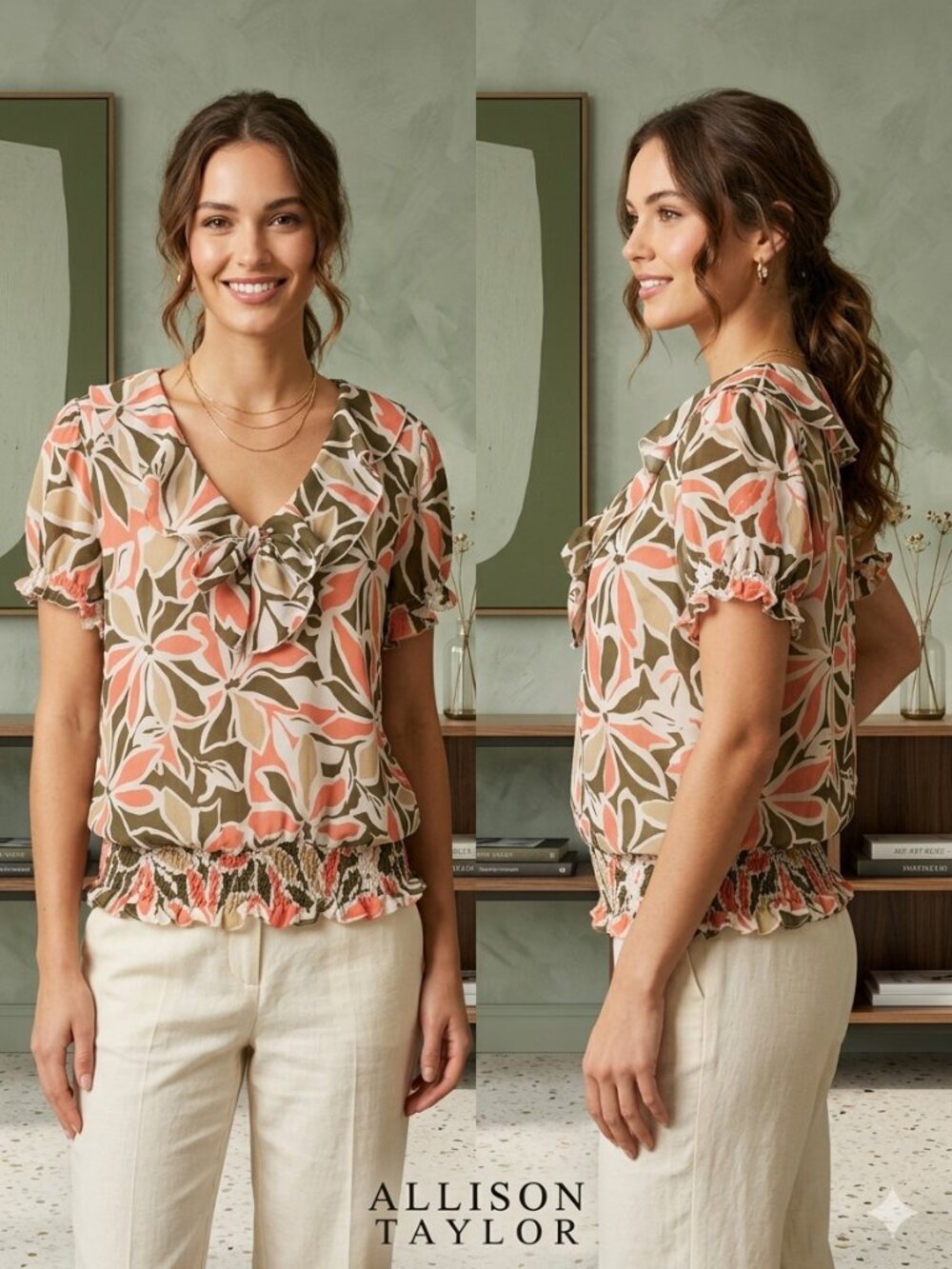 Allison Taylor Y2K Ruffled Neck Line Green Tan Pink Floral Blouse - Size Medium